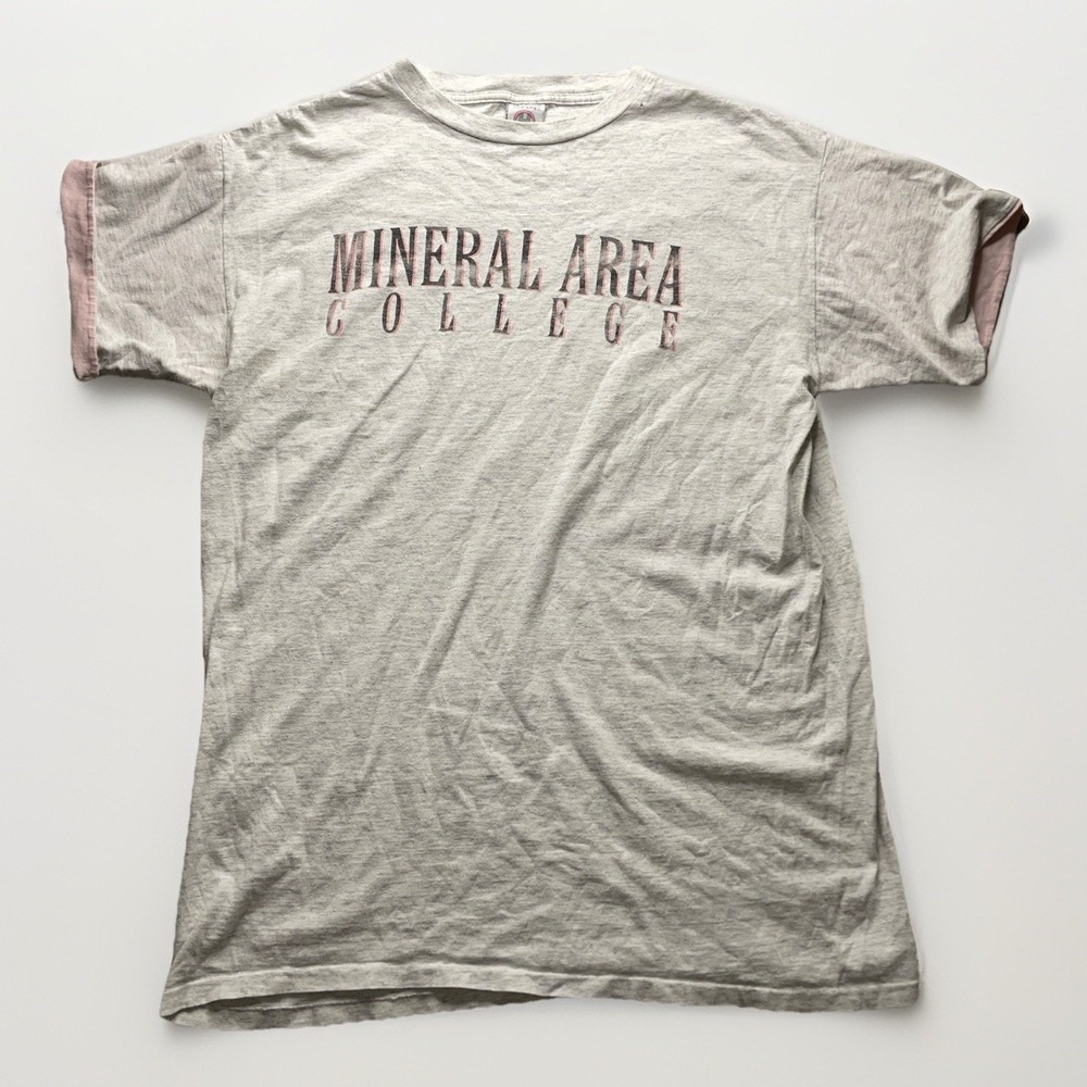 Vintage Y2K Mineral Area College T Shirt Heartland USA Grey Pink Single Stitch L